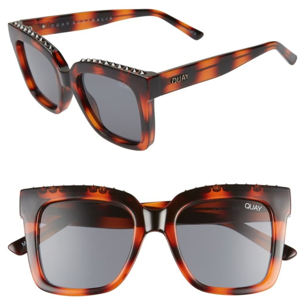 Quay Australia Tortoiseshell Square Sunglasses with Stud Detail and Gray Lenses